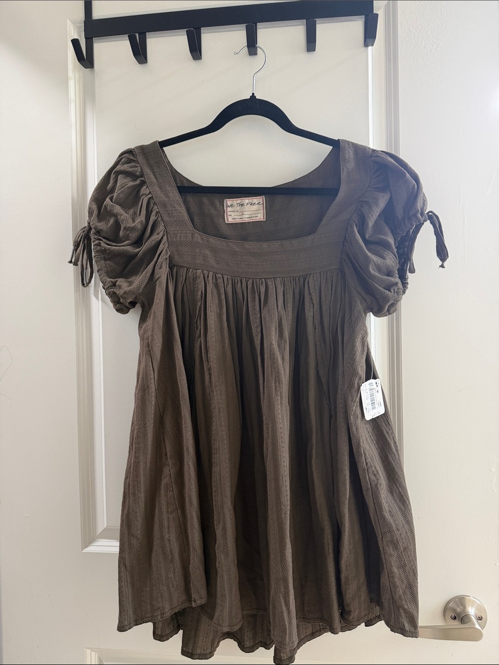 We The Free Olive Brown Puff Sleeve Square Neck Tunic